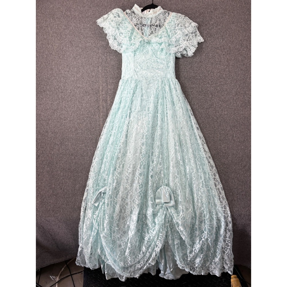 Vintage 70s Precious Moments Light Blue Lace Maxi Dress Prom Victorian 7/8
